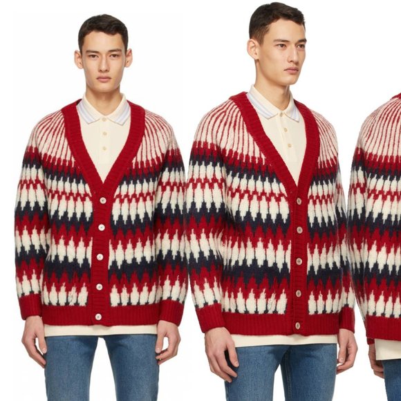 GUCCI MENS SWEATER ZIGZAG JACQUARD THICK WOOL KNITTED CARDIGAN sz M Medium - Picture 2 of 16